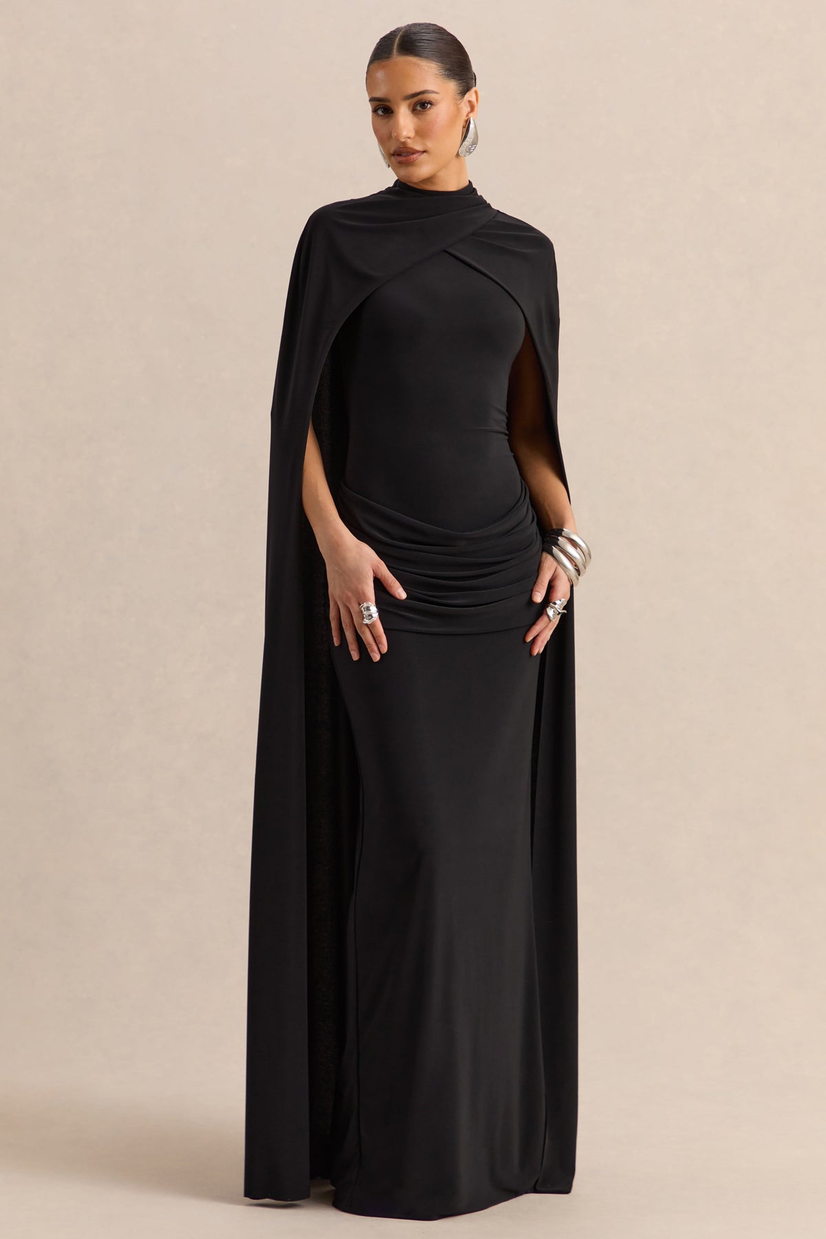 Dianelle | Black High-Neck Maxi Dress With Cape-Sleeves