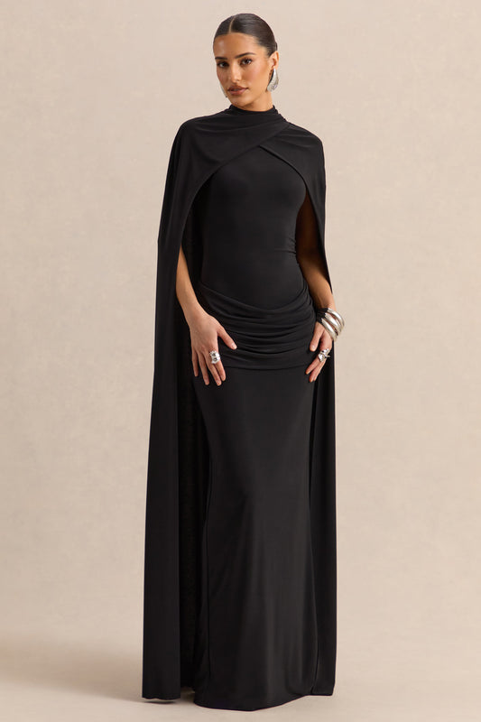 Dianelle | Black High-Neck Maxi Dress With Cape-Sleeves