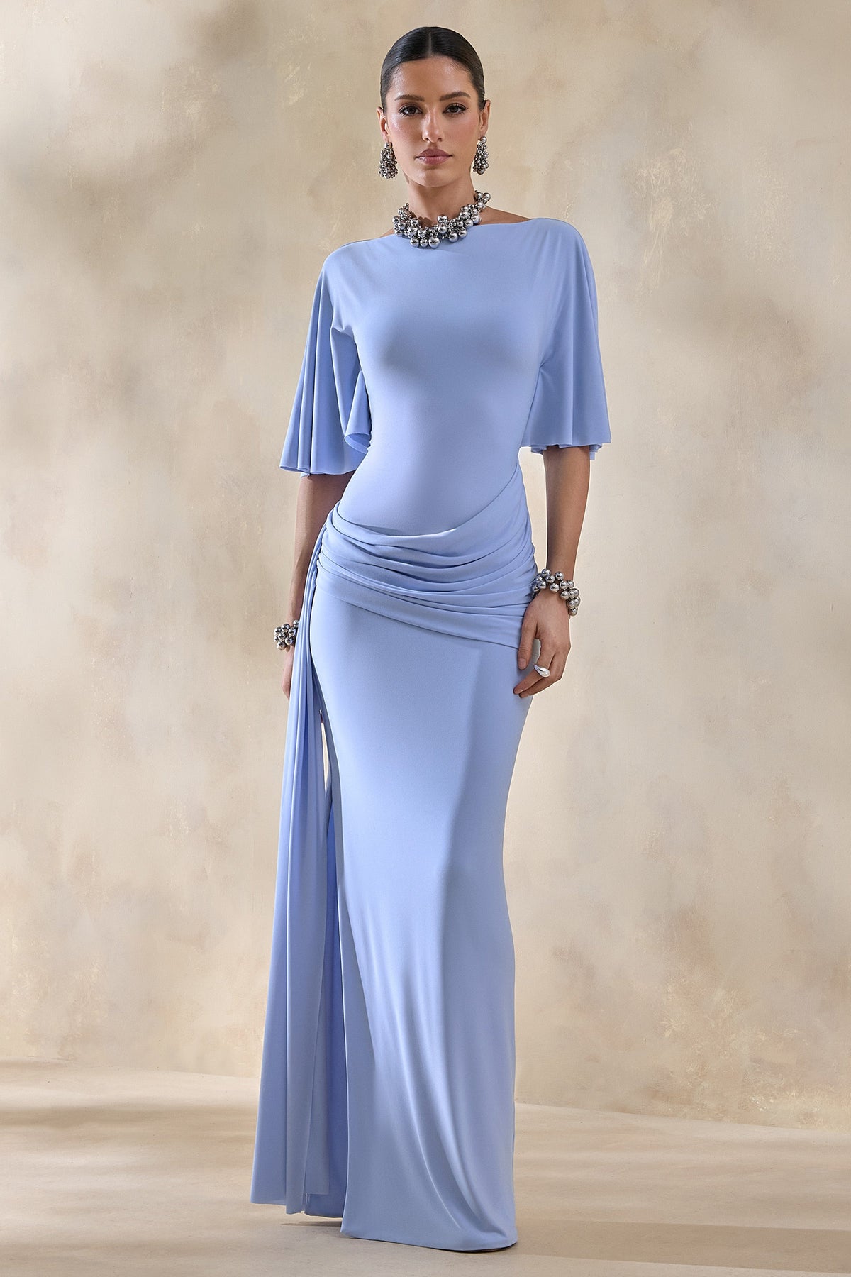 Emerelle | Powder Blue Jersey Ruched Boat Neck Short Sleeve Maxi Dress With Sash And Split