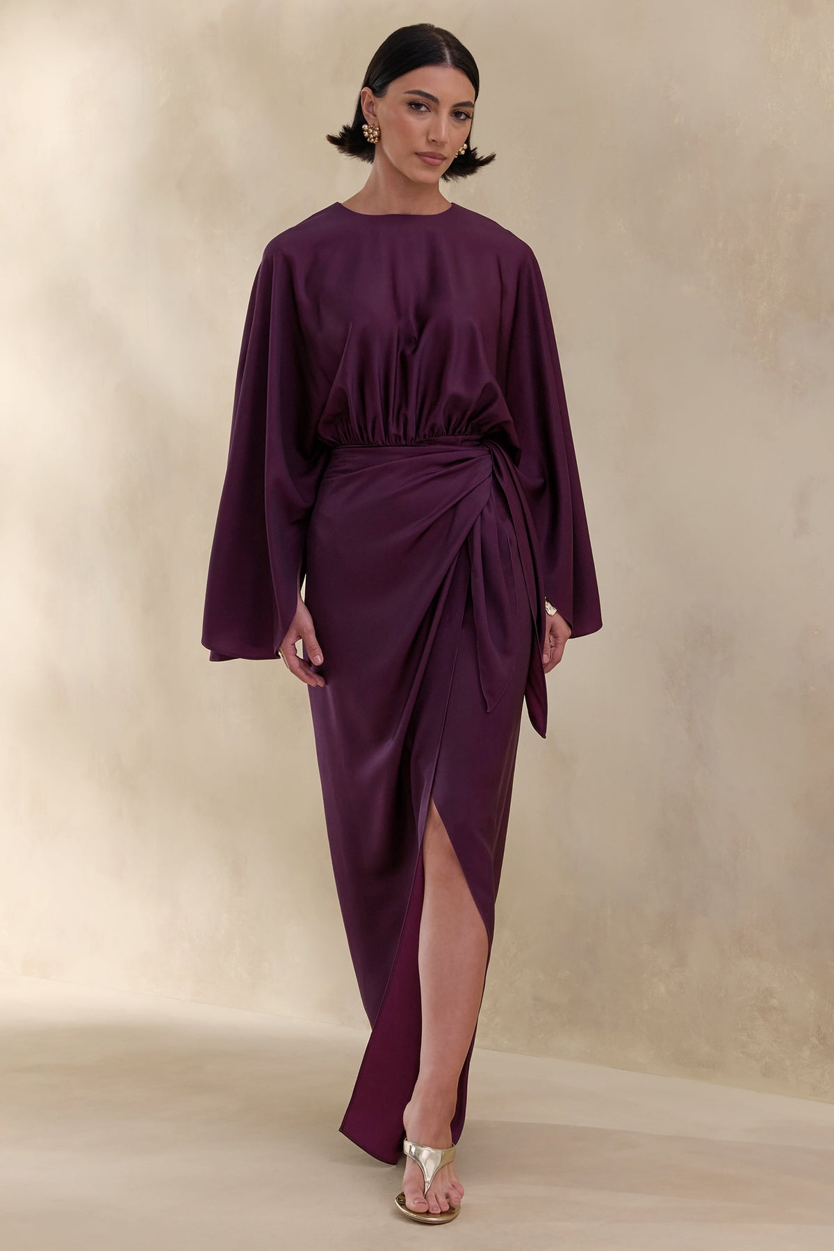 Delphina | Plum Satin Maxi Dress With Gathered And Knot-Detail