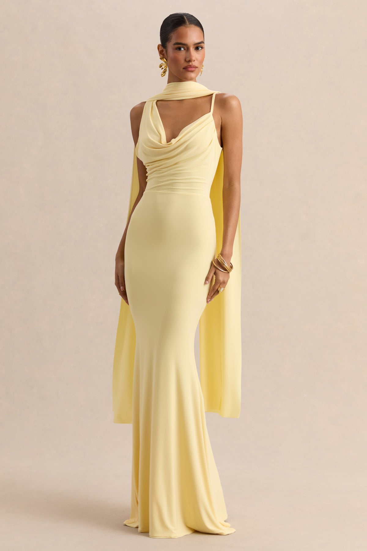 Armelia | Lemon Jersey Cowl Maxi Dress With Scarf Detail