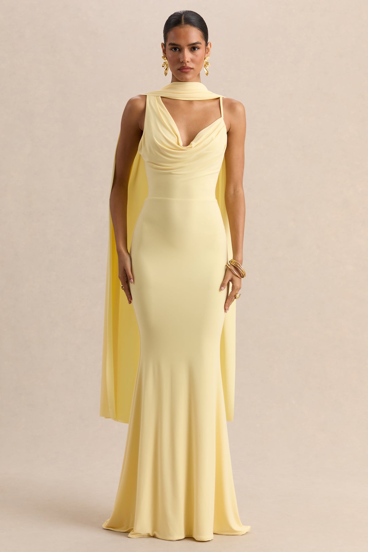 Armelia | Lemon Jersey Cowl Maxi Dress With Scarf Detail