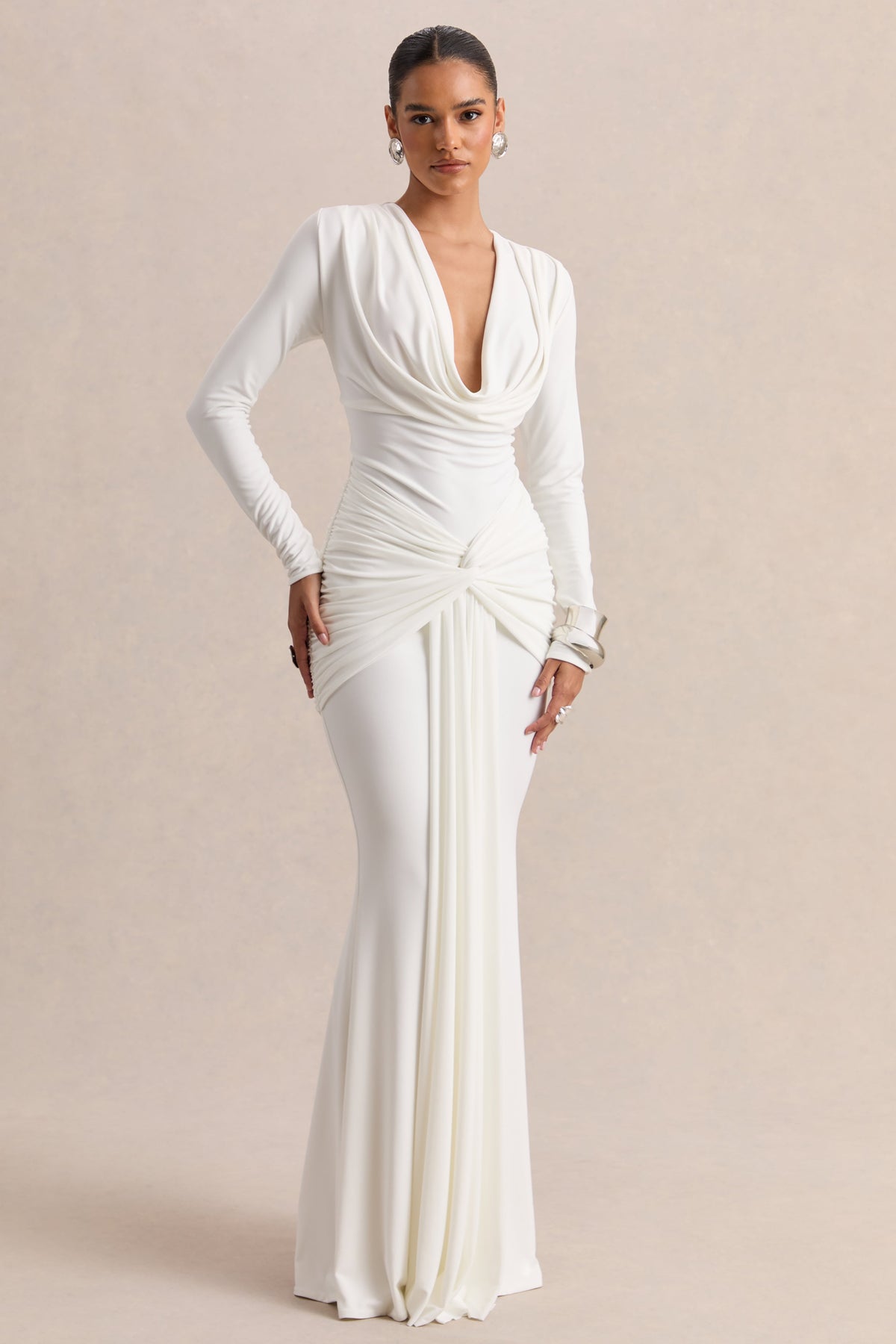 Palerma | White Jersey Cowl Long Sleeve Maxi Dress With Gathered Detailing And Twist Panel Sash