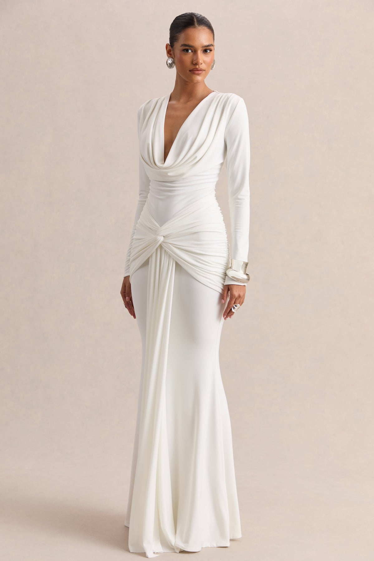 Palerma | White Jersey Cowl Long Sleeve Maxi Dress With Gathered Detailing And Twist Panel Sash