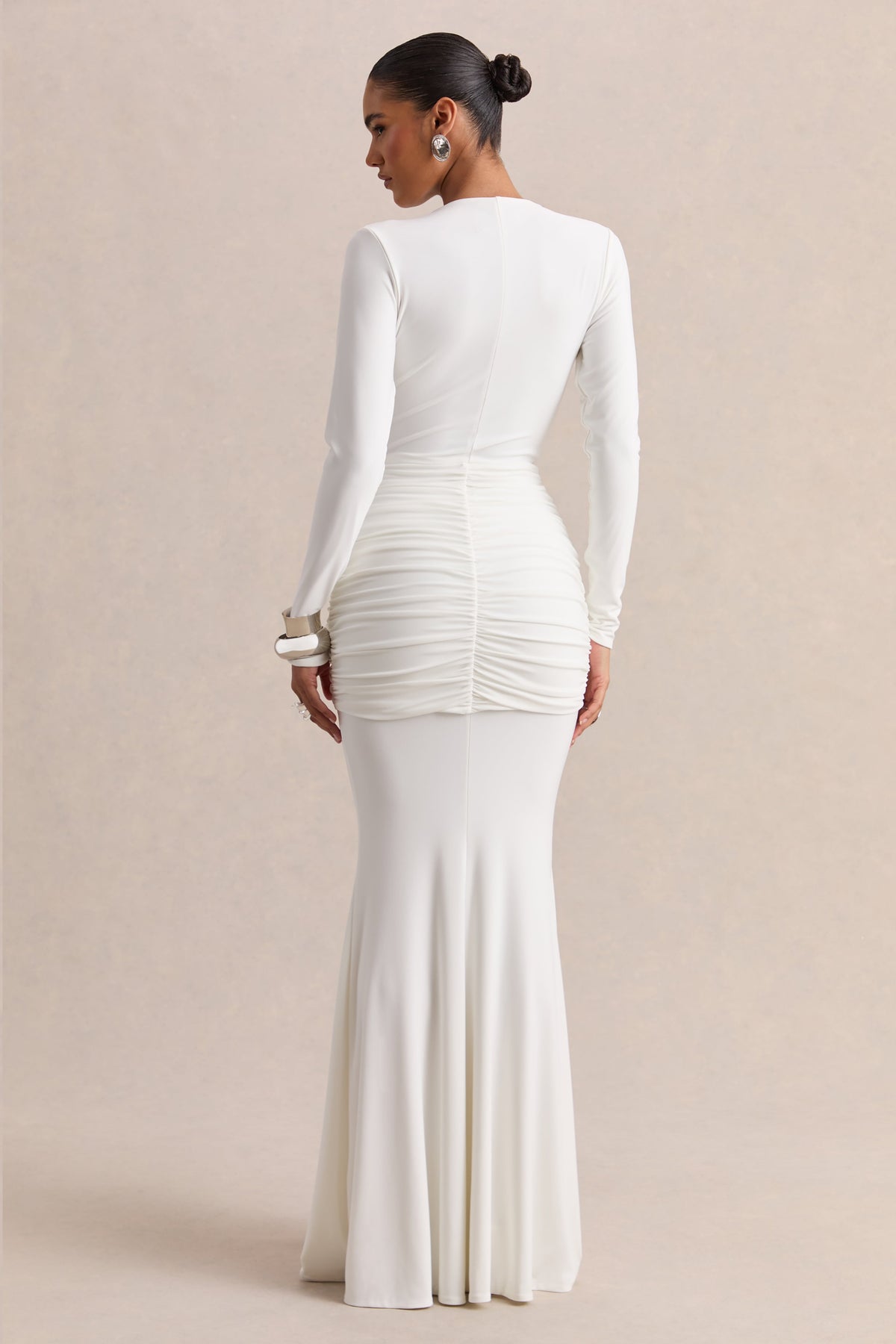 Palerma | White Jersey Cowl Long Sleeve Maxi Dress With Gathered Detailing And Twist Panel Sash