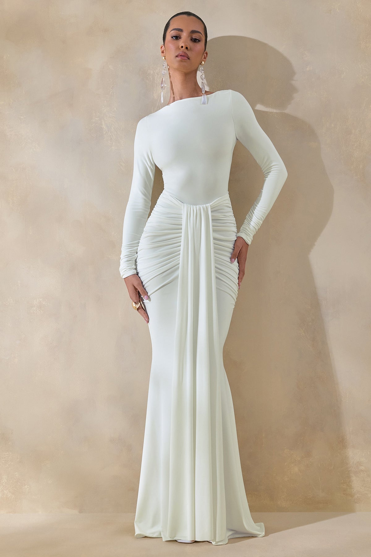 Liatris | White Jersey Boat Neck Long Sleeve Maxi Dress With Gathered Detailing And Sash