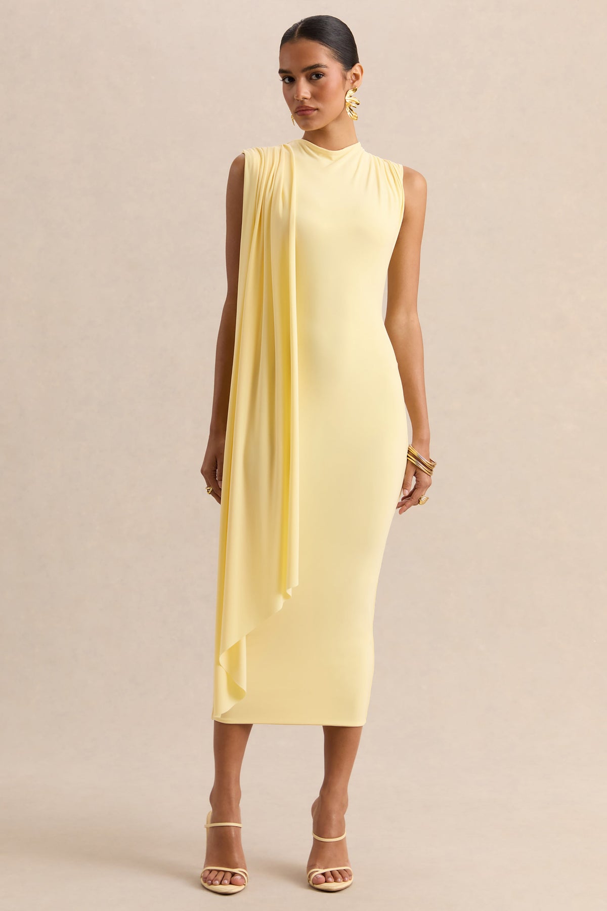 Oleandra | Lemon High-Neck Midi-Dress With Draped-Detail