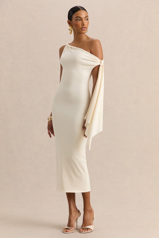Arcelia | Cream Jersey One Shoulder Midi Dress With Twist And Knot Sash Detailing