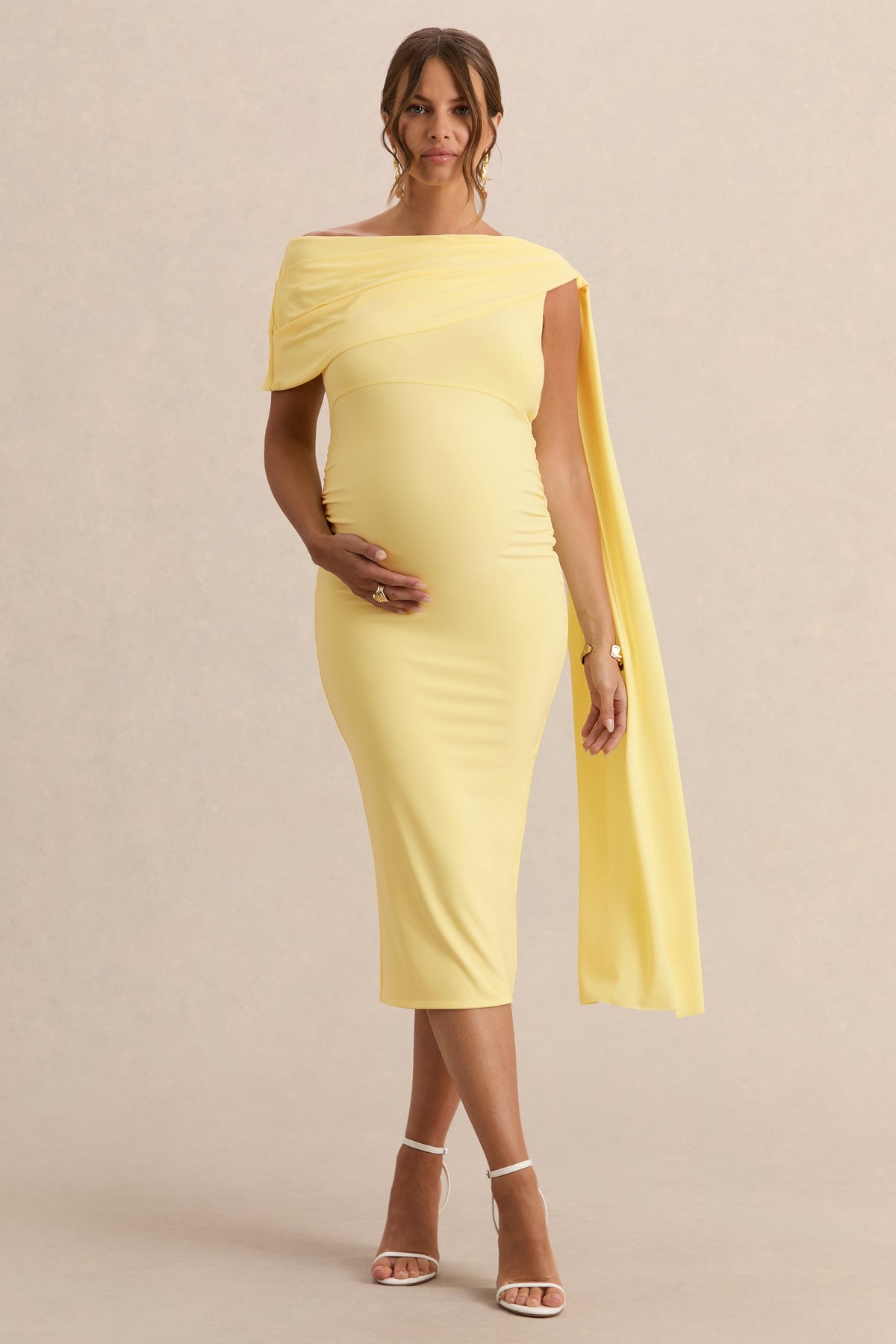 Braelyn | Lemon Asymmetric-Neck Maternity Midi Dress With Gathered Detailing And Sash