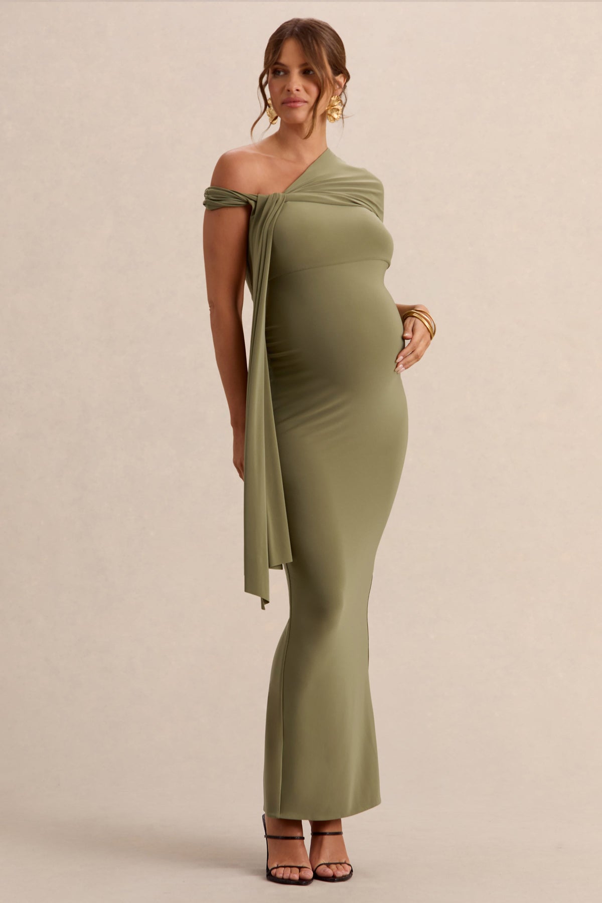 Isela | Khaki Asymmetric-Neck Maternity Maxi Dress With Sash Detail