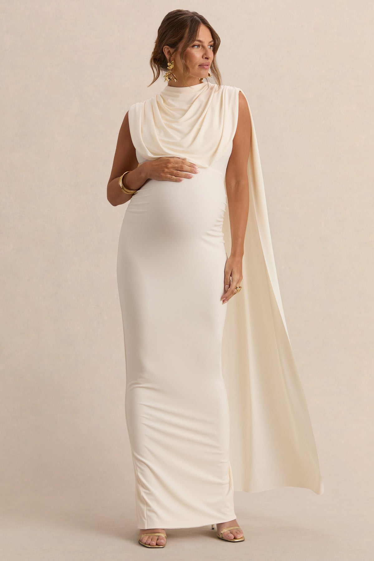 Belva | Cream High-Neck Maternity Maxi Dress With Cape Detail