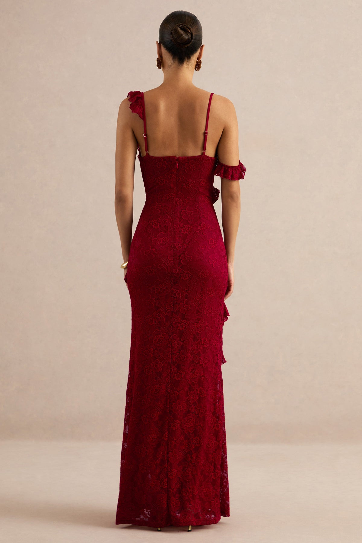 Sera | Red Lace Cowl Maxi Dress With Ruffled Detailing And Split
