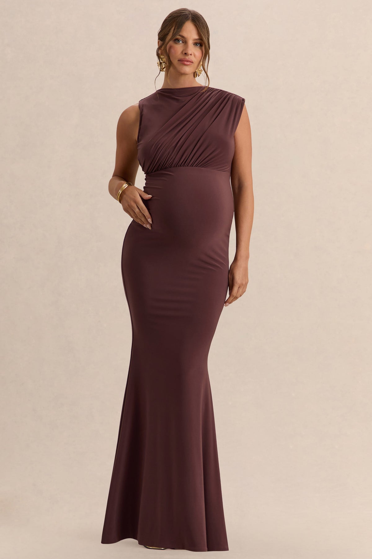 Osanna | Dark Brown Jersey Round Neck Maternity Maxi Dress With Gathered Detailing