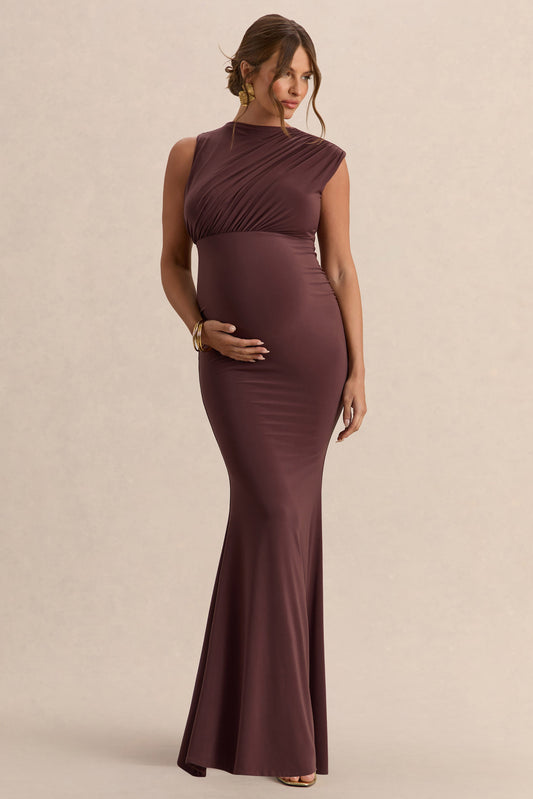 Osanna | Dark Brown Jersey Round Neck Maternity Maxi Dress With Gathered Detailing