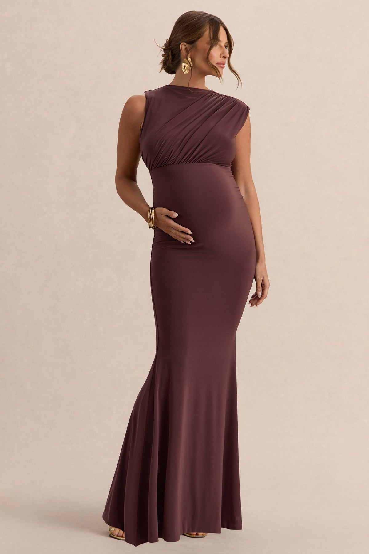 Osanna | Dark Brown Jersey Round Neck Maternity Maxi Dress With Gathered Detailing