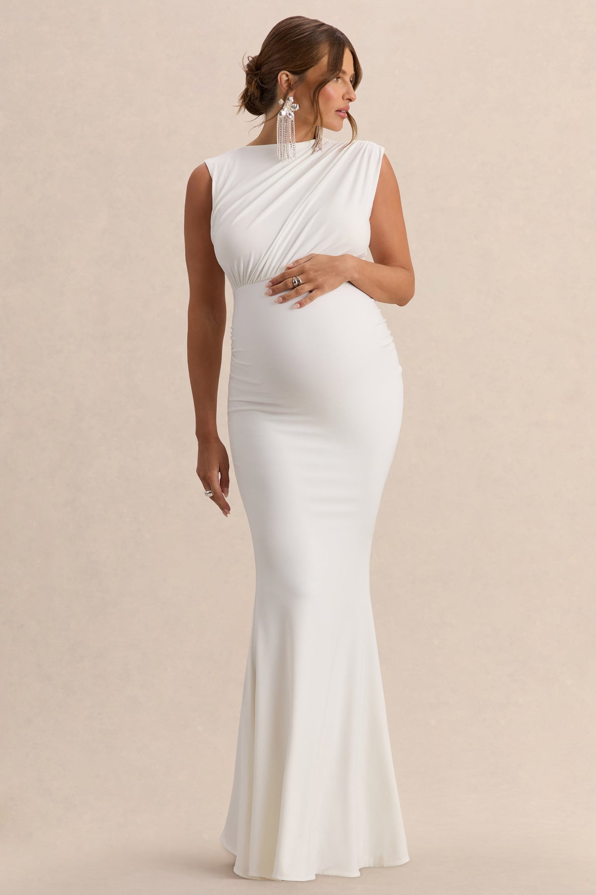 Osanna | White Jersey Round Neck Maternity Maxi Dress With Gathered Detailing