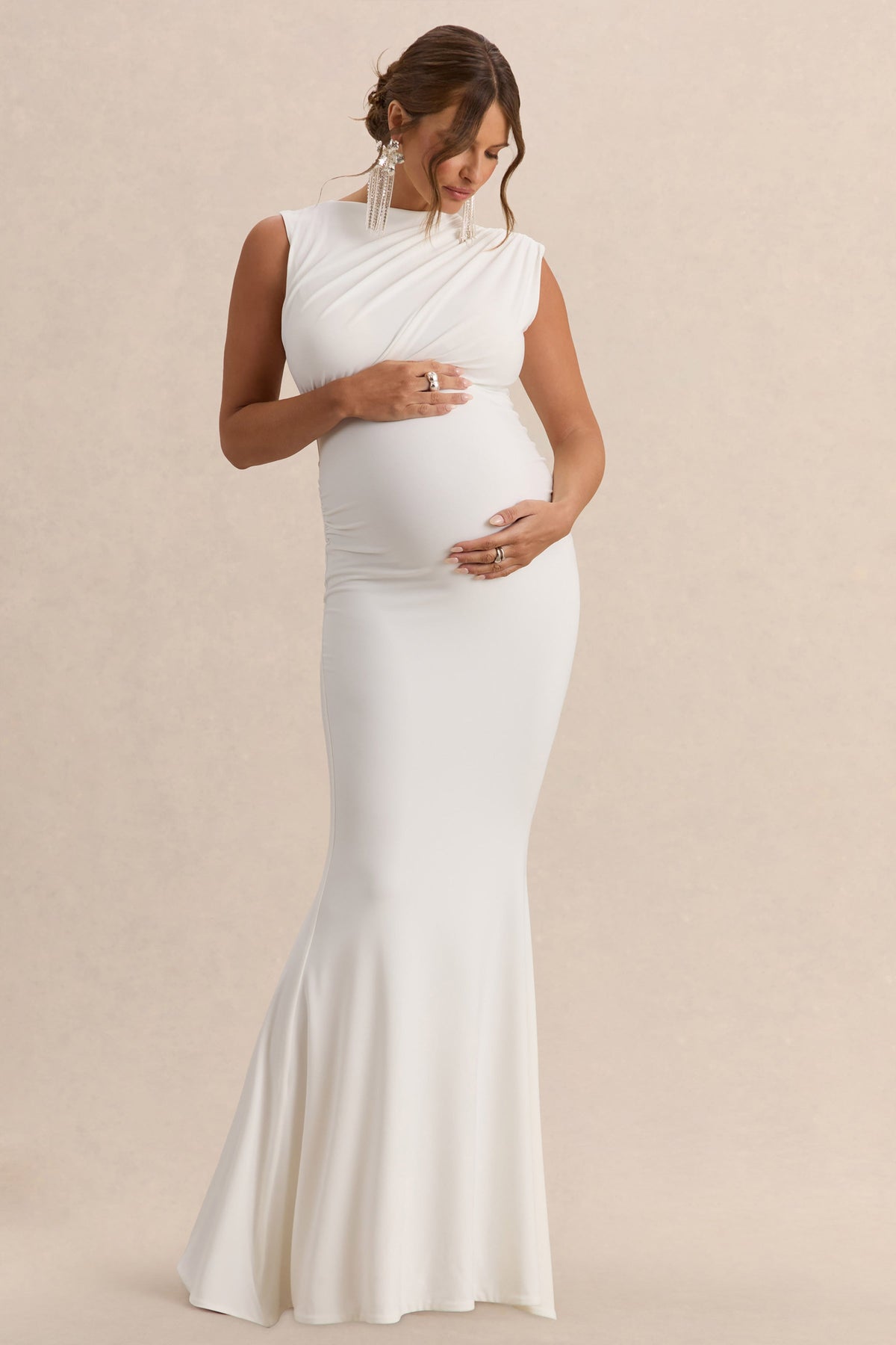 Osanna | White Jersey Round Neck Maternity Maxi Dress With Gathered Detailing