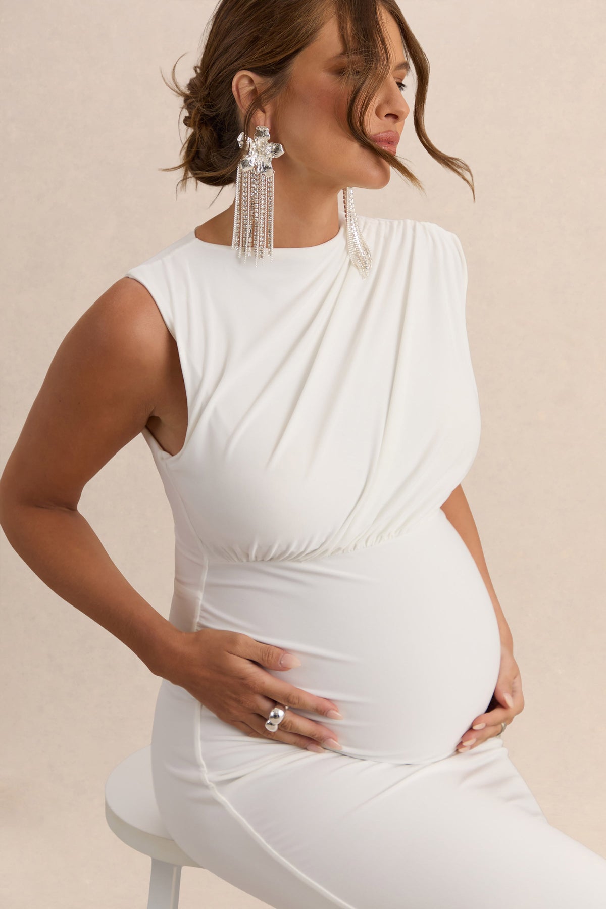 Osanna | White Jersey Round Neck Maternity Maxi Dress With Gathered Detailing