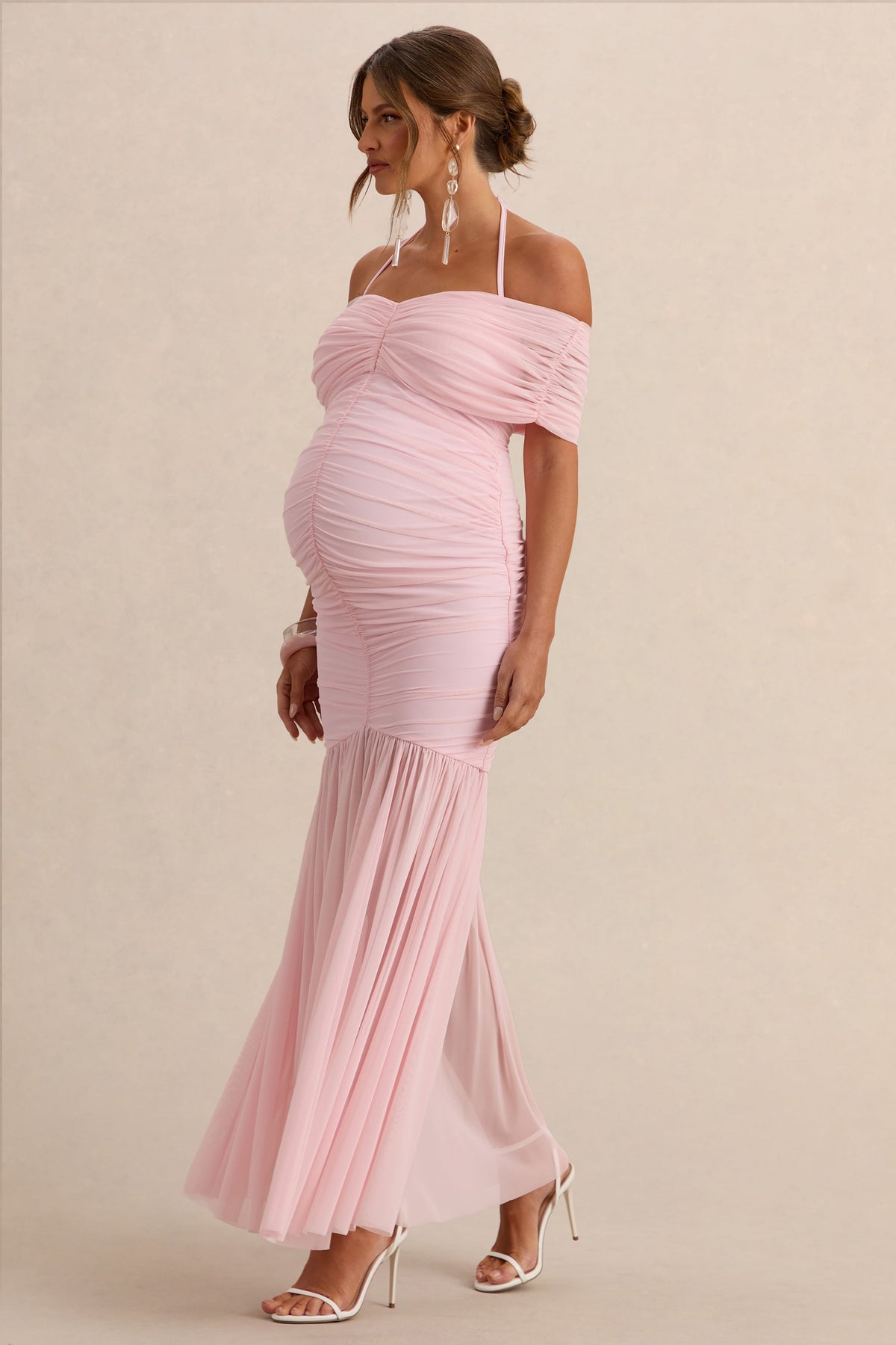 Asimina | Pink Bardot-Neck Maternity Maxi Dress With Sheer Skirt