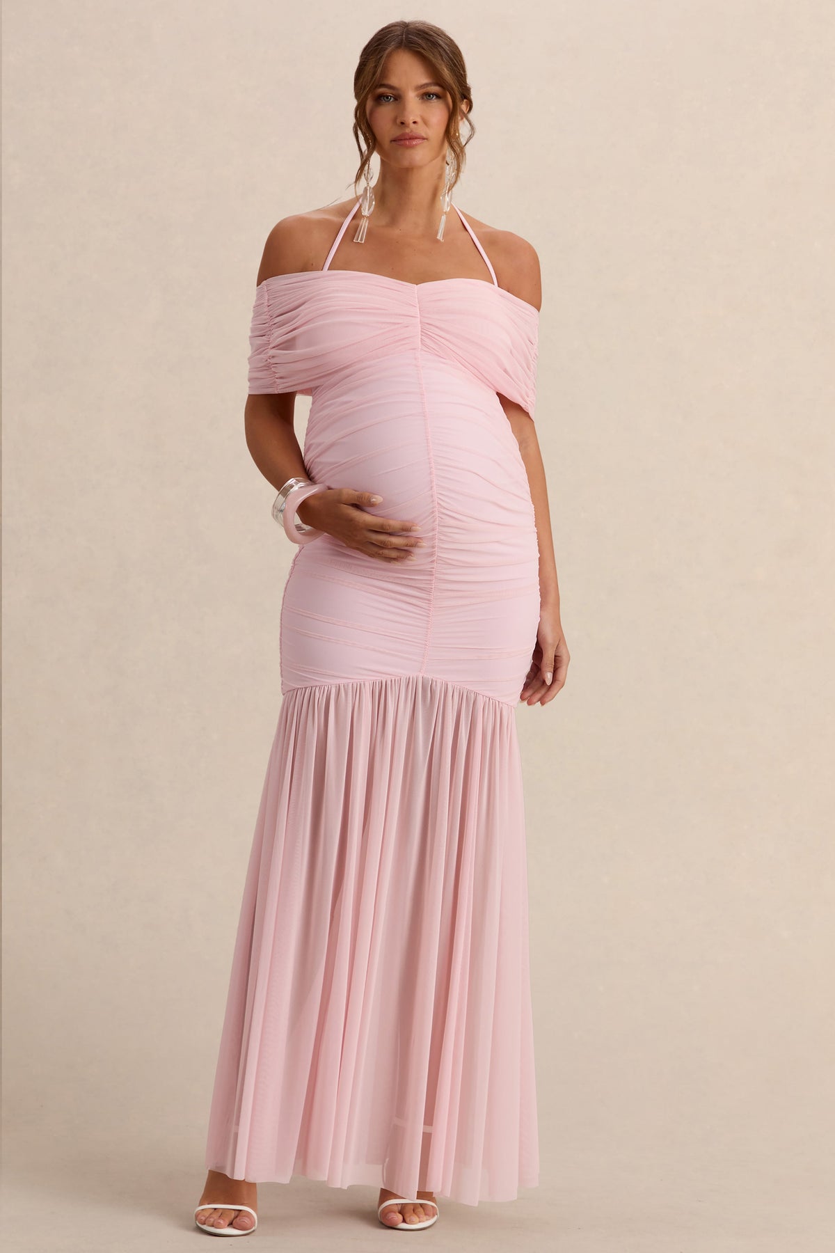 Asimina | Pink Bardot-Neck Maternity Maxi Dress With Sheer Skirt