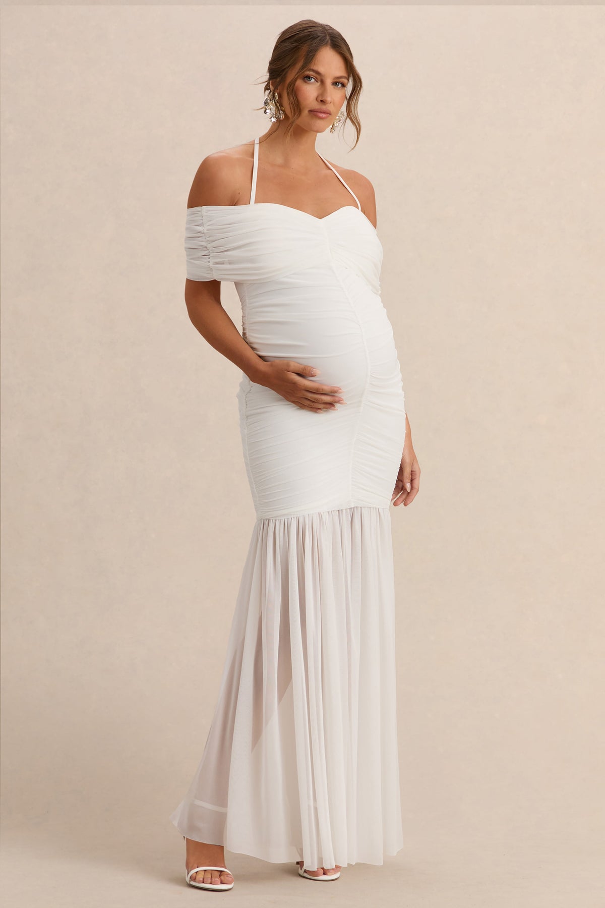 Asimina | White Bardot-Neck Maternity Maxi Dress With Sheer Skirt