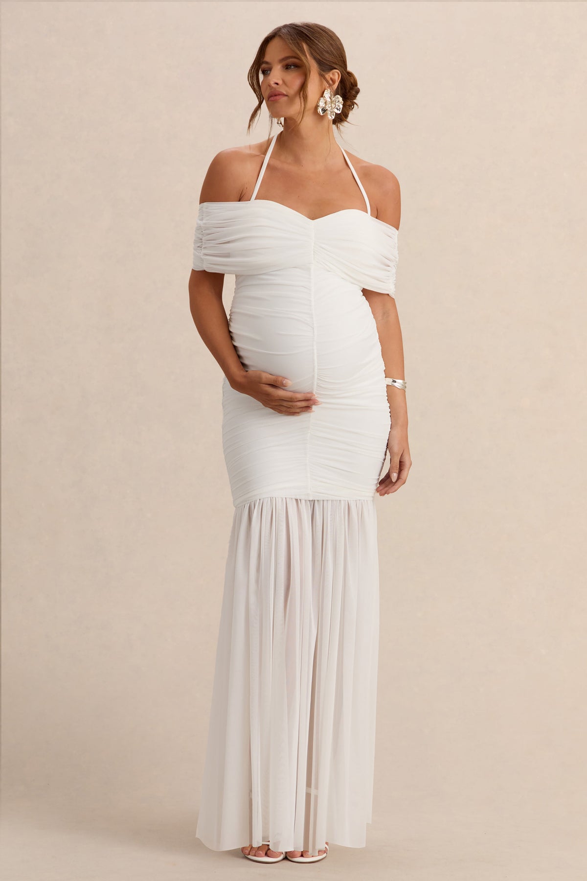 Asimina | White Bardot-Neck Maternity Maxi Dress With Sheer Skirt