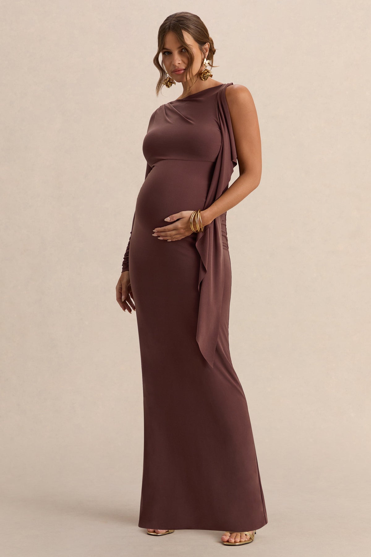 Emanuela | Brown Boat-Neck Maternity Maxi Dress With Sash Detail