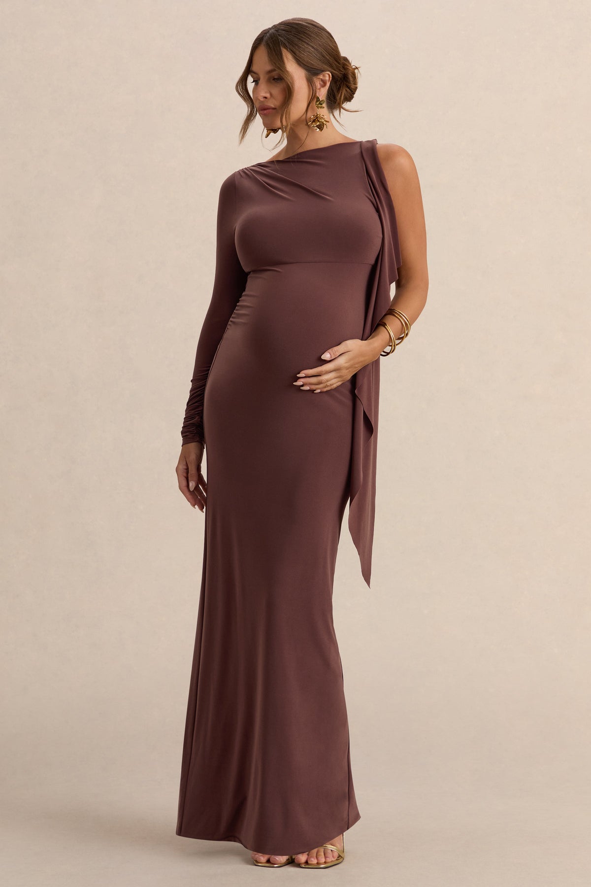 Emanuela | Brown Boat-Neck Maternity Maxi Dress With Sash Detail