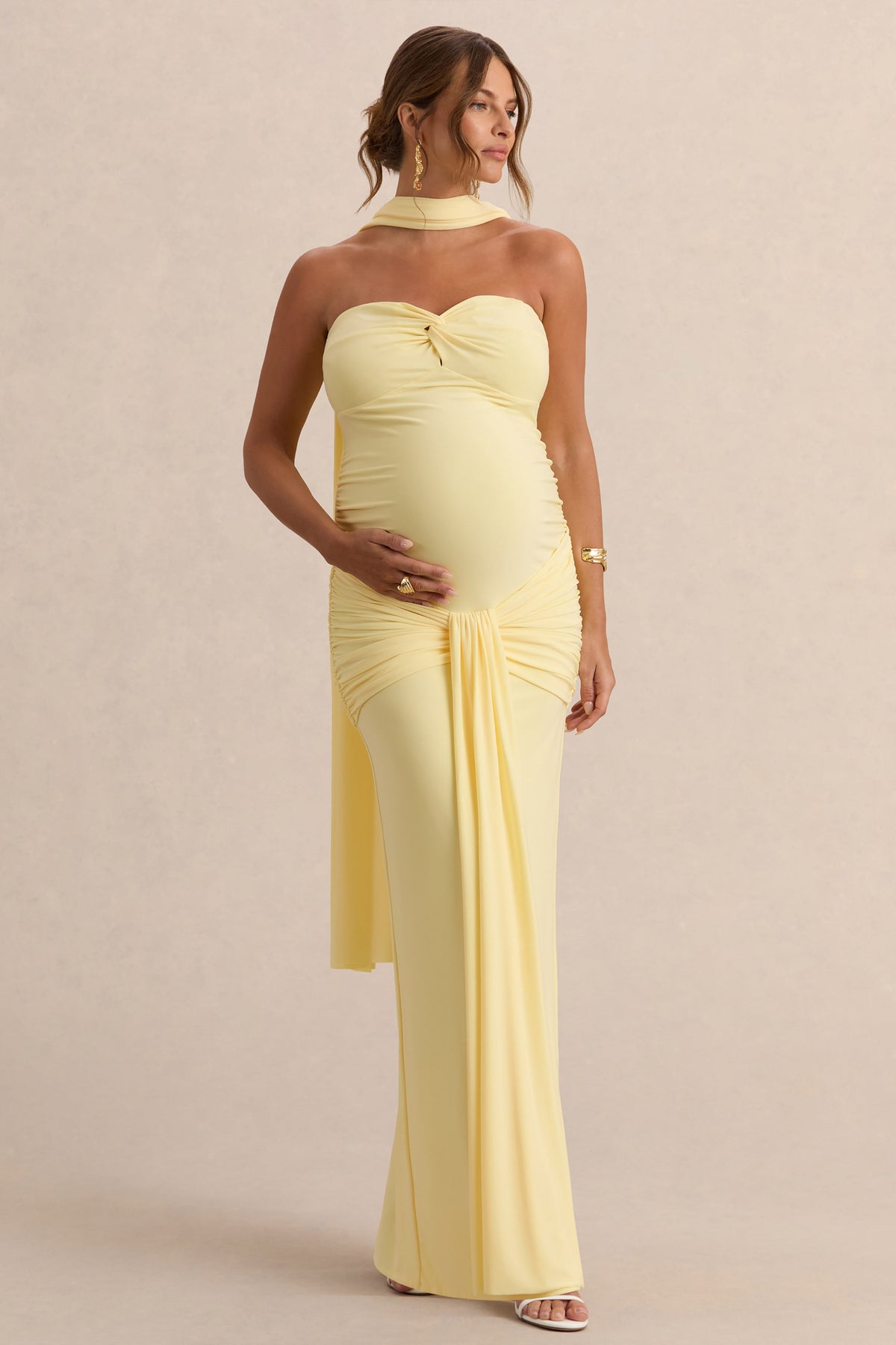 Faustina | Lemon Bandeau-Neck Maternity Maxi Dress With Scarf Detail And Gathered Detailing