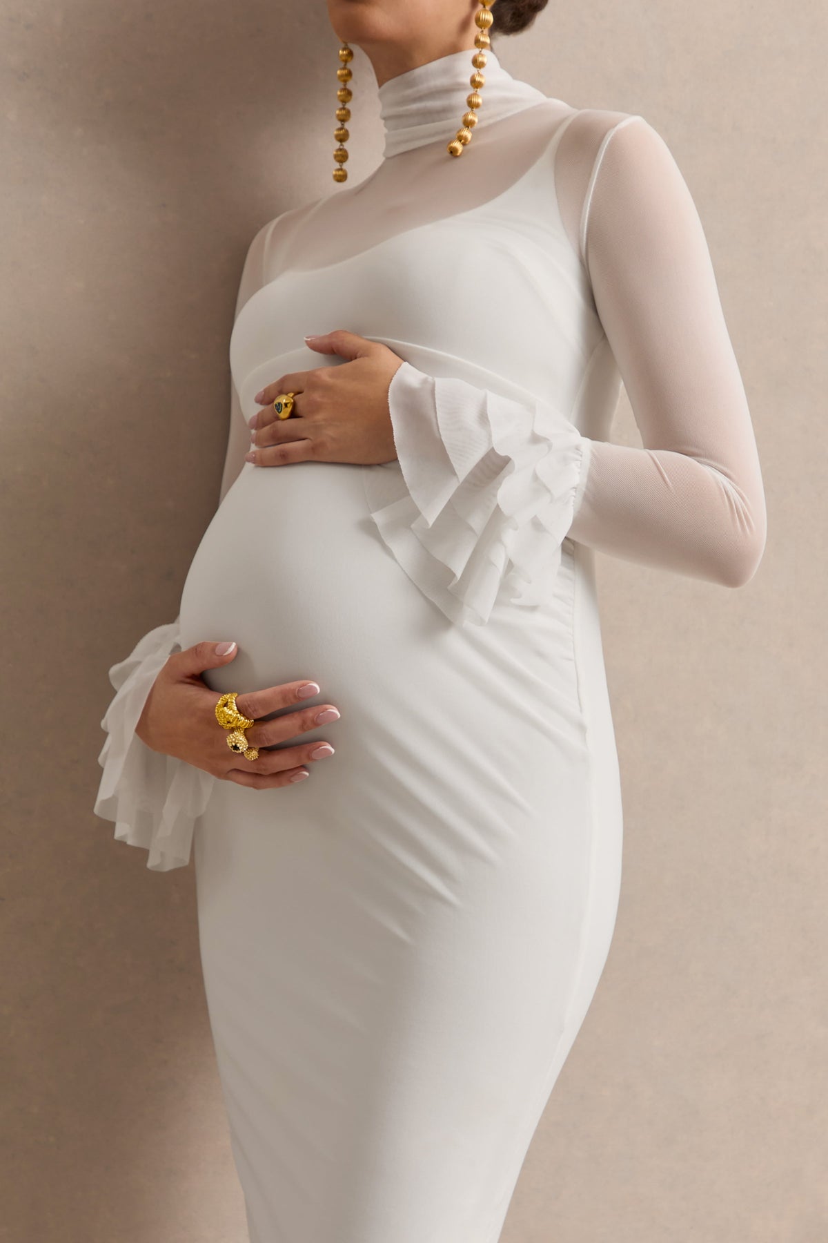 Ciellea | White Jersey High Neck Long Sleeve Maternity Midi Dress With Sheer Detailing And Ruffled Cuffs