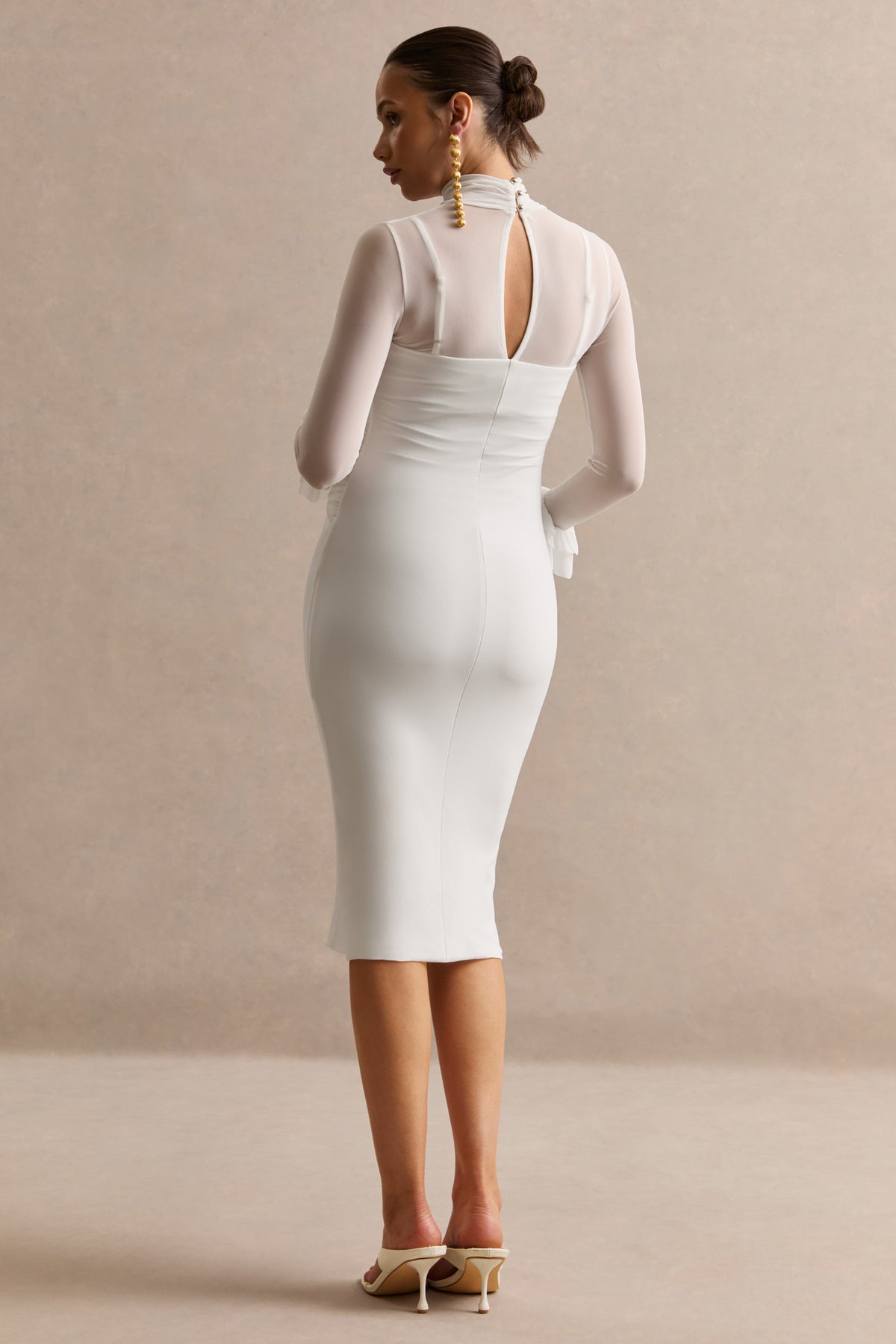 Ciellea | White Jersey High Neck Long Sleeve Maternity Midi Dress With Sheer Detailing And Ruffled Cuffs