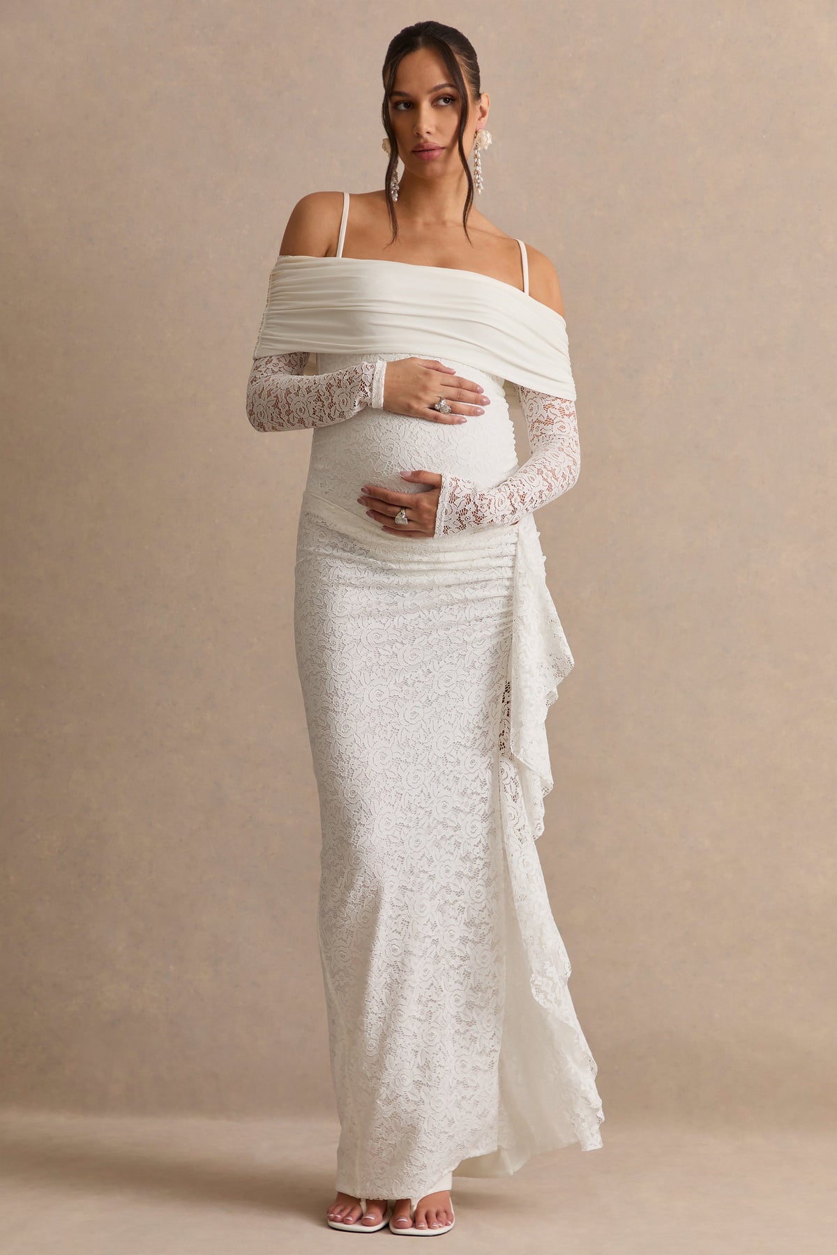 Delmara | Cream Lace Maternity Maxi Skirt With Gathered Detailing