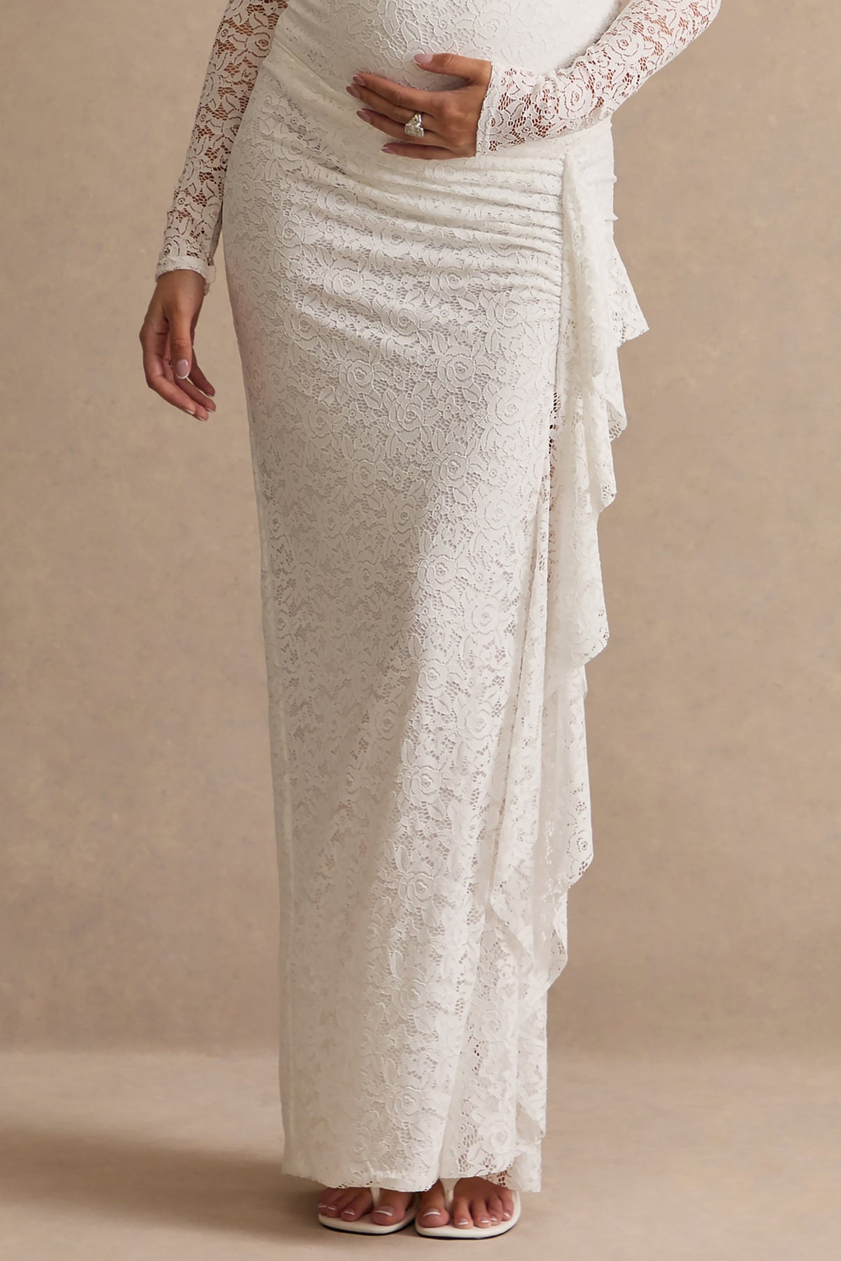 Delmara | Cream Lace Maternity Maxi Skirt With Gathered Detailing