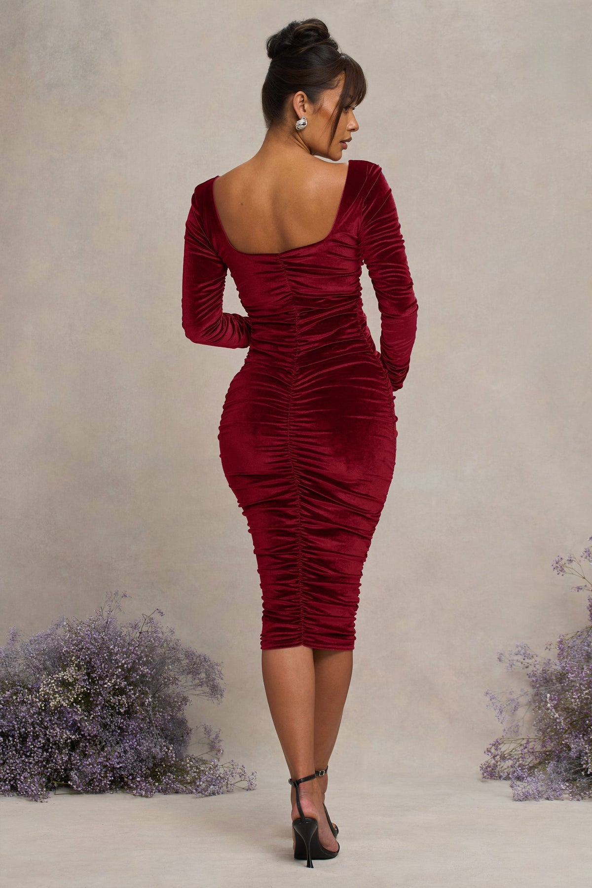 New Life | Berry Velvet Maternity Square Neck Ruched Midi Dress