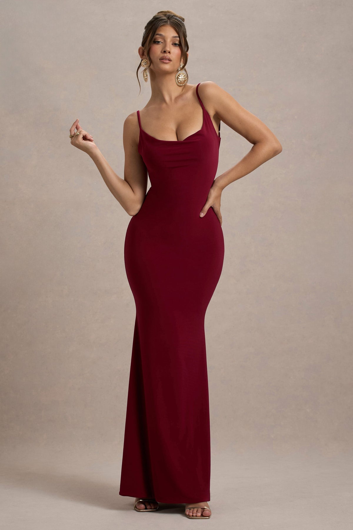 Francoise | Berry Cowl Neck Backless Maxi Dress With Lace Insert