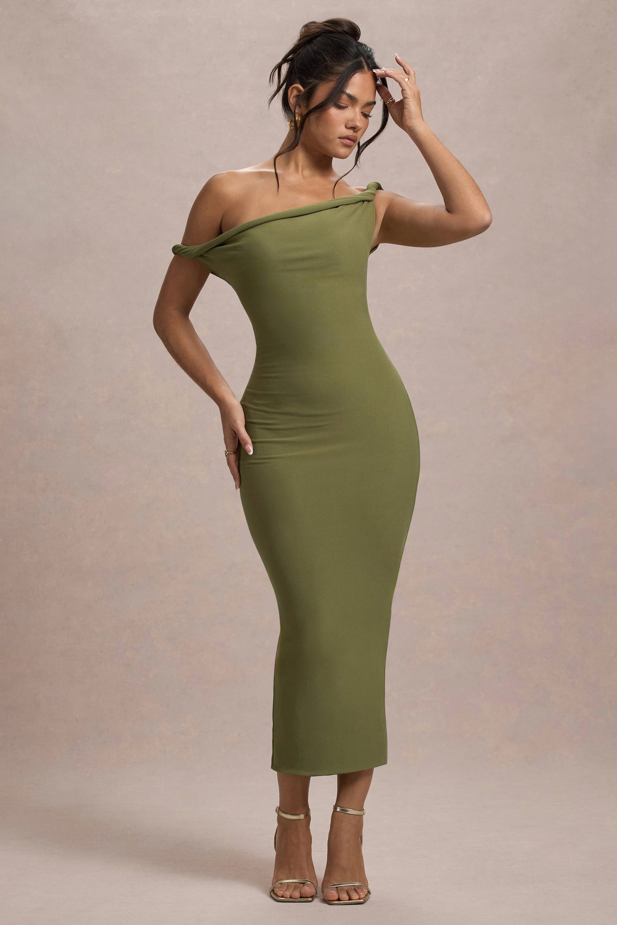 Salome | Olive Twisted Asymmetric Midi Dress