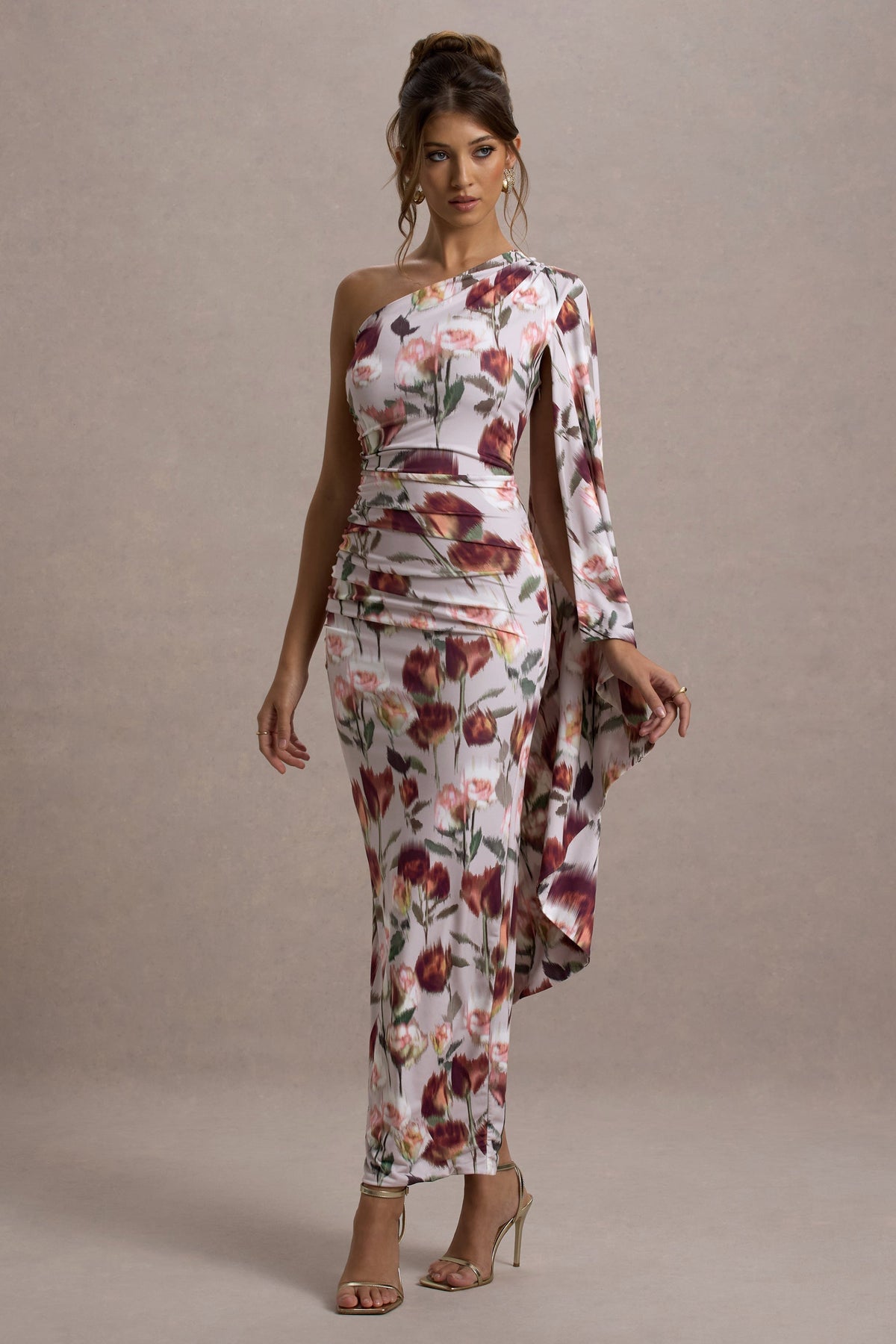 Clementina | Cream Floral Print Asymmetric Cape Sleeve Maxi Dress