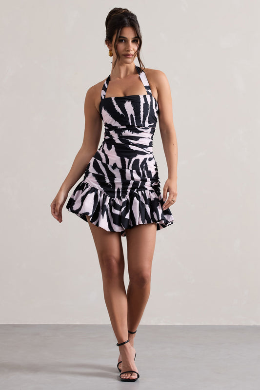 Zahra | Zebra Print Halter-Neck Ruched Mini Dress With Ruffle Hem