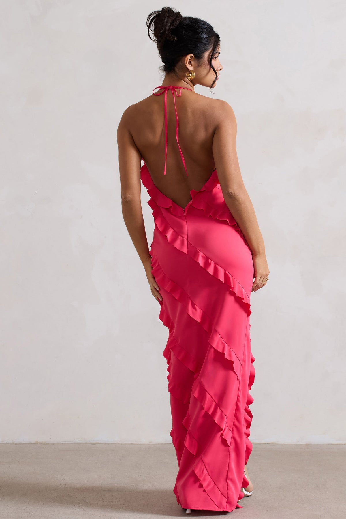 Full On | Hot Pink V-Neck Ruffle Maxi Dress