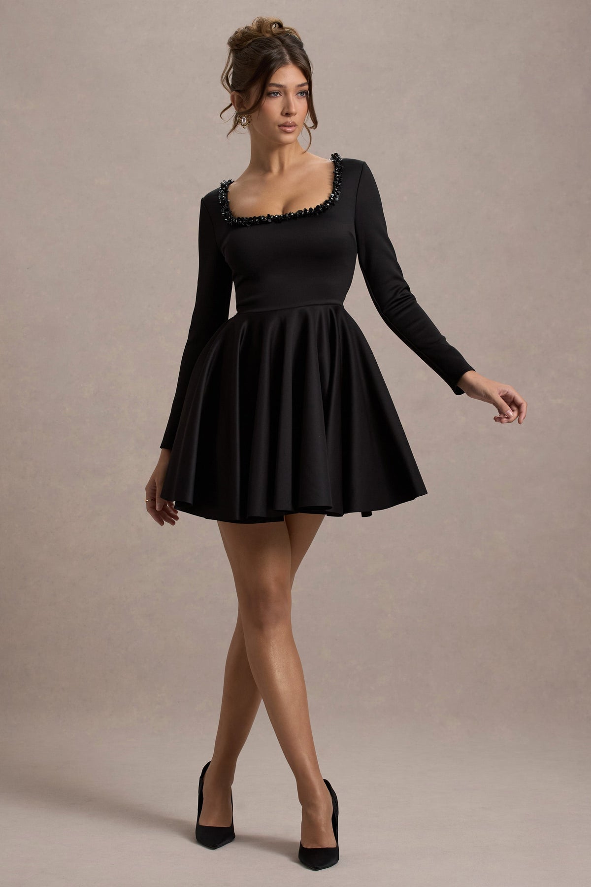 Wilder | Black Embellished Square-Neck Long-Sleeve Skater Mini Dress