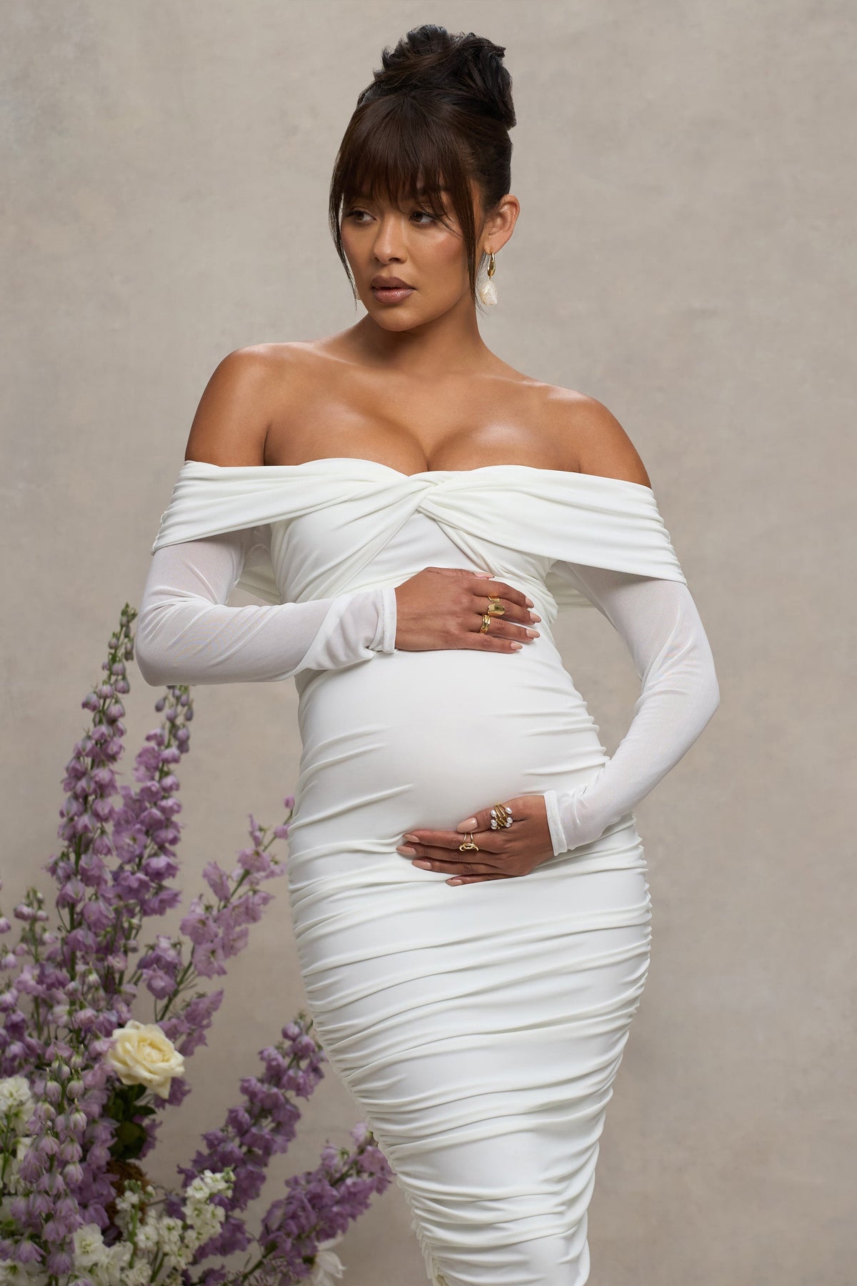 Neva | White Bardot Twist Maternity Midi Dress