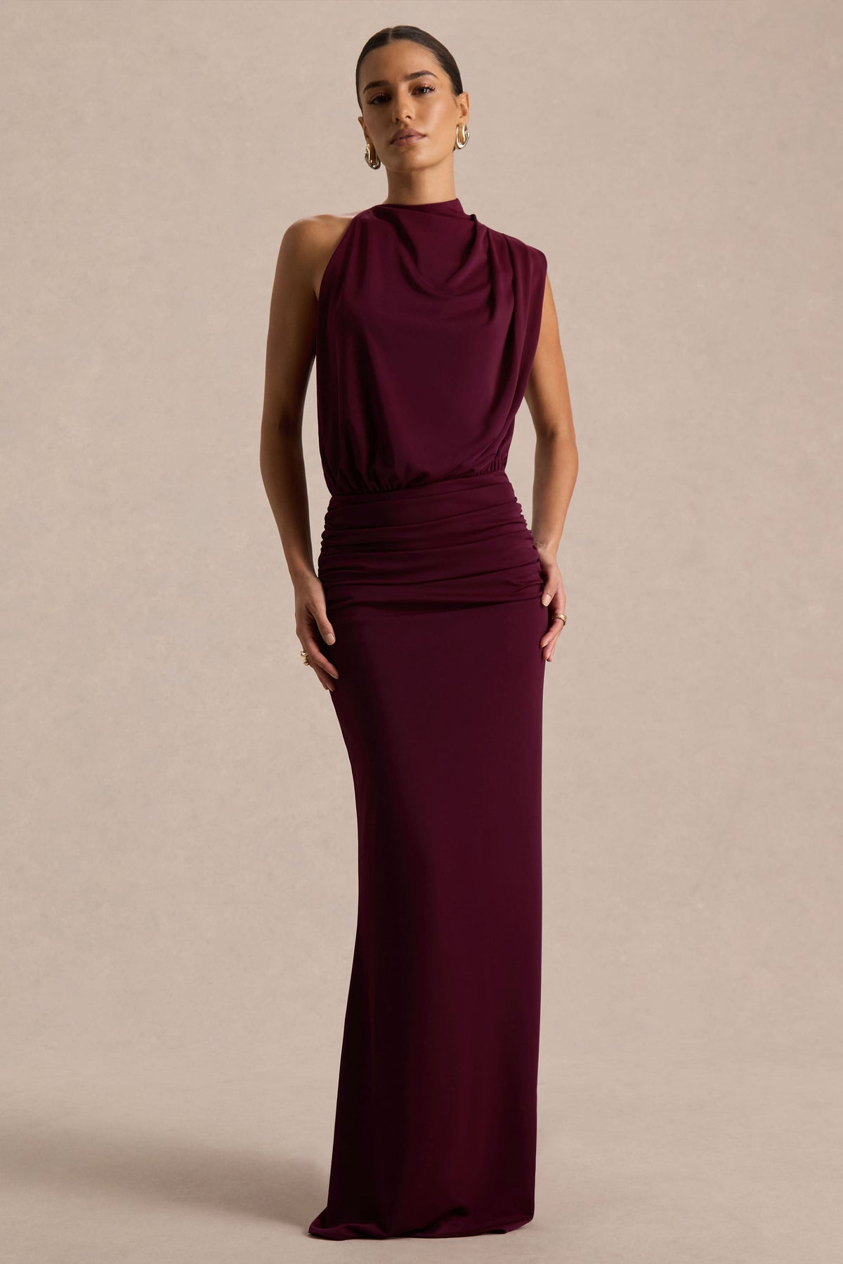 Umaira | Burgundy Ruched High Neck Maxi Dress With Draped Detailing