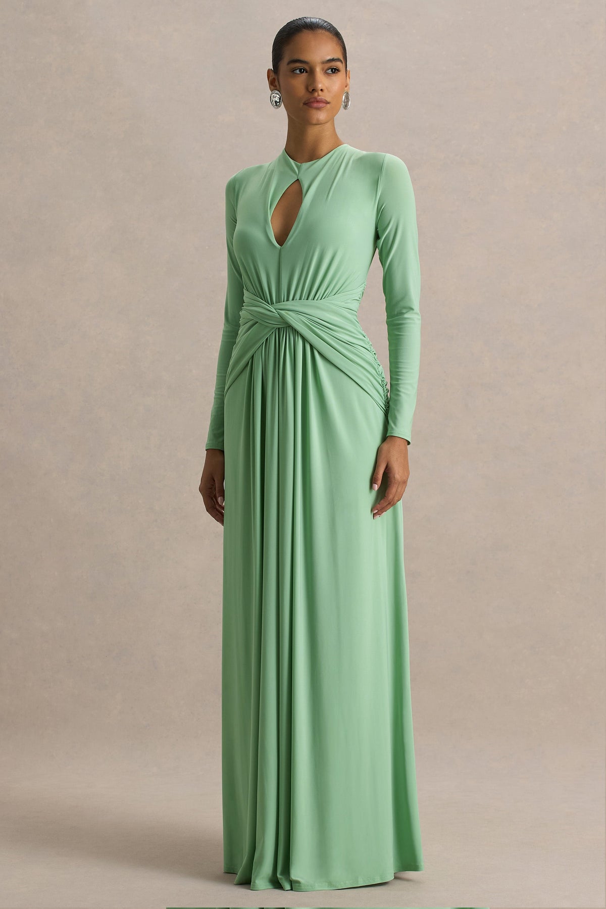 With Me | Green High-Neck Maxi Dress With Ruched Detailing