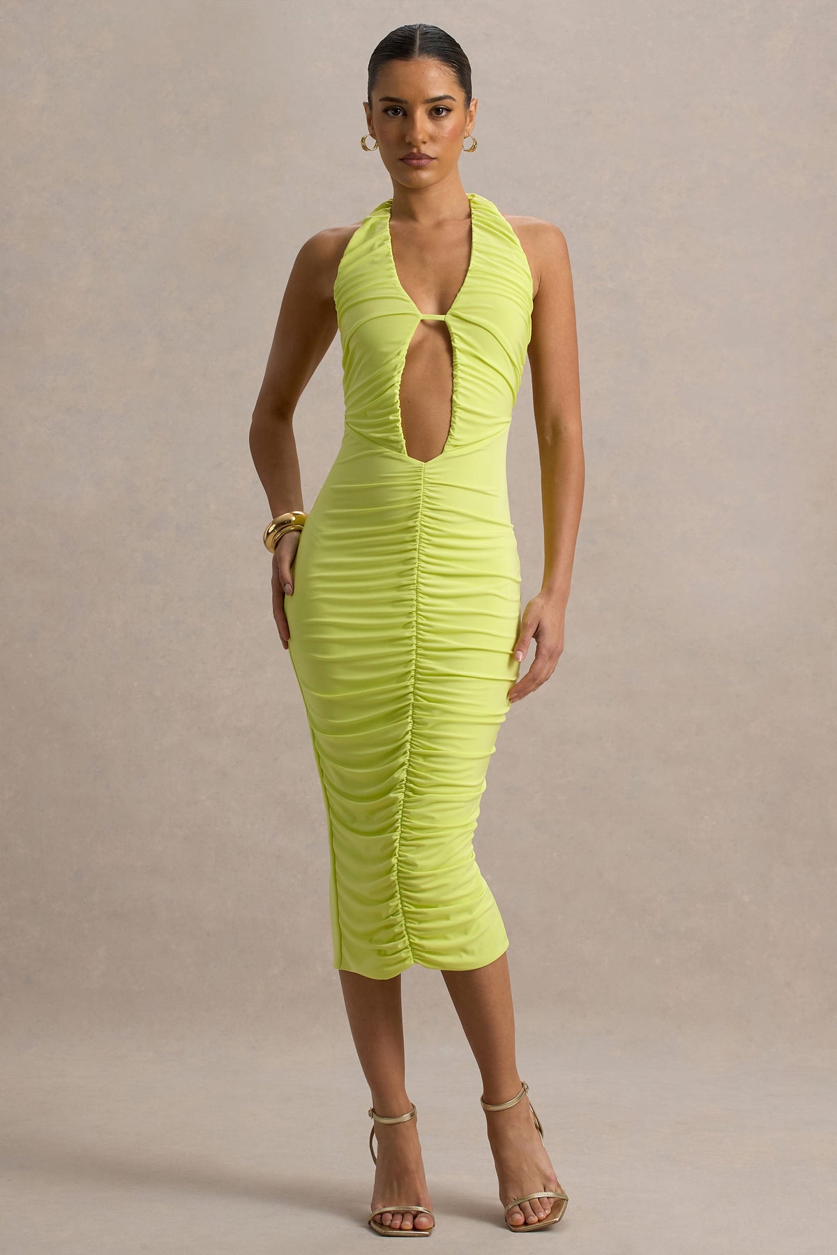 Anaisa | Lime Green Plunge Halter-Neck Midi Dress