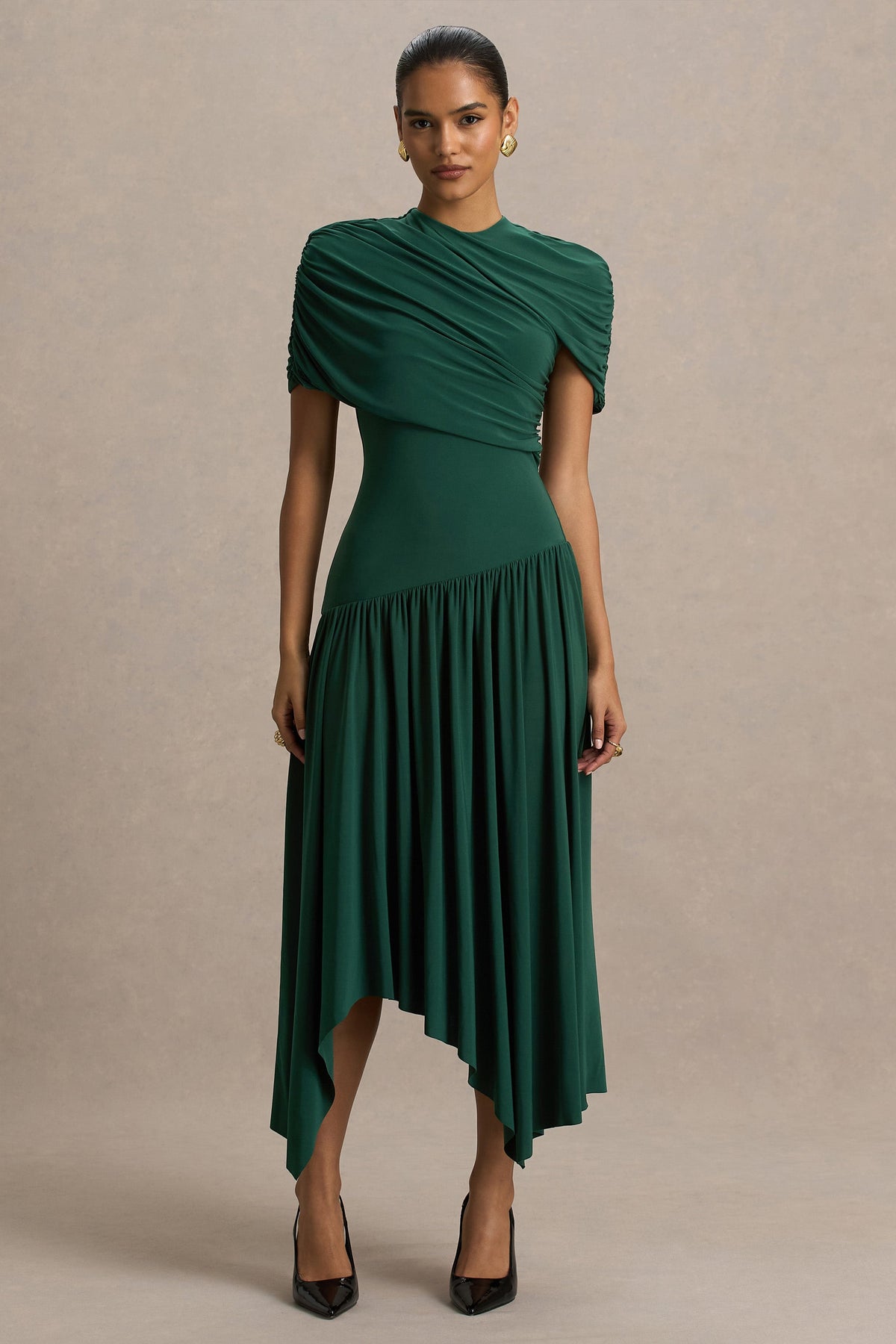 Ione | Teal Wrapped Midi Dress With Hanky Hem
