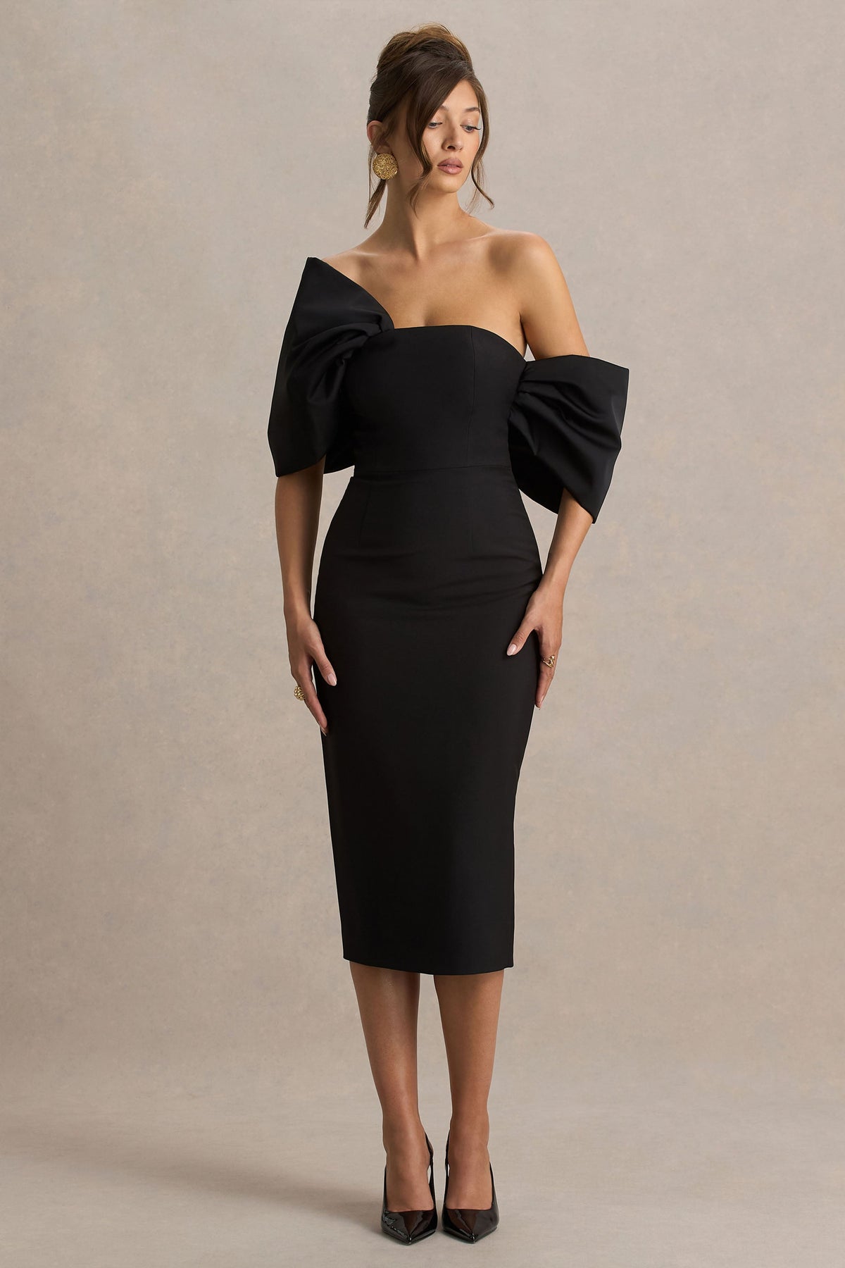 Lucille | Black Asymmetric Bardot Midi Dress With Bow Detail