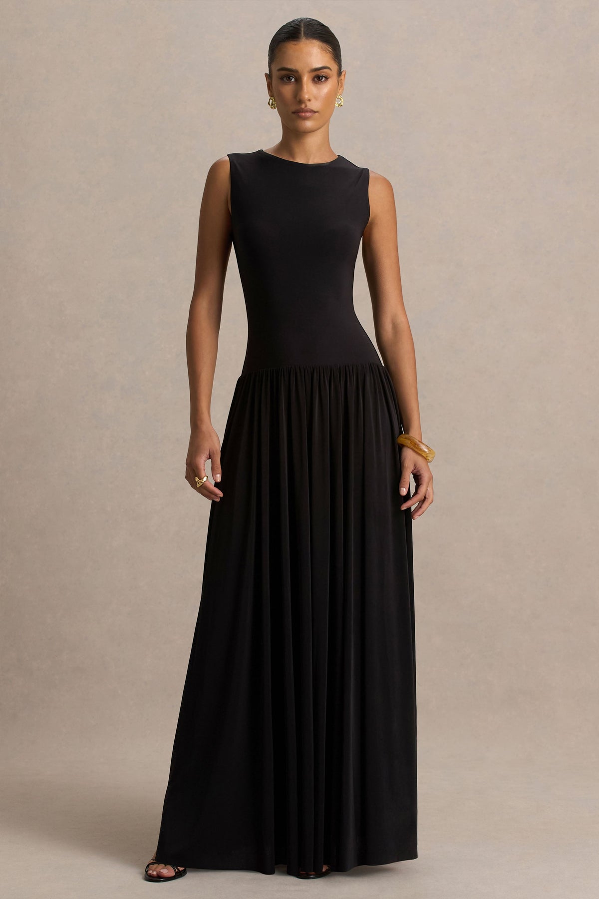 Rosalita | Black Crew-Neck Maxi Dress With Drop-Waist