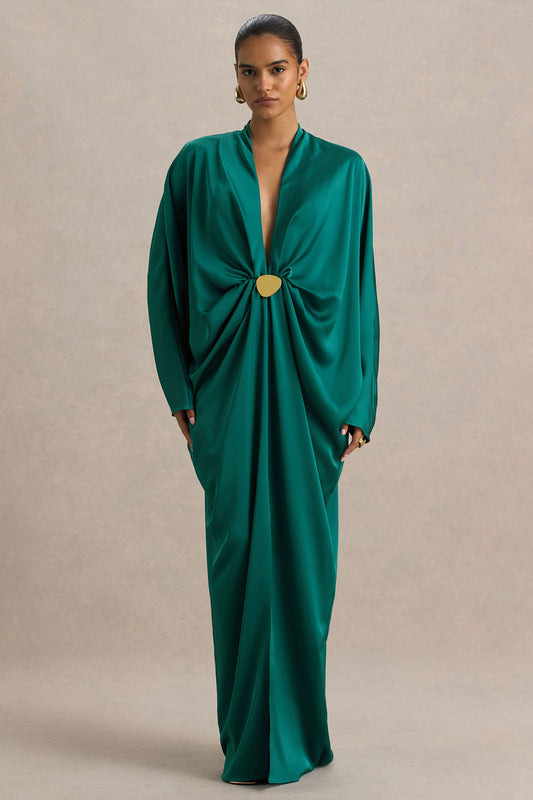 Tina | Dark Green Satin Plunge-Neck Embellished Maxi Dress