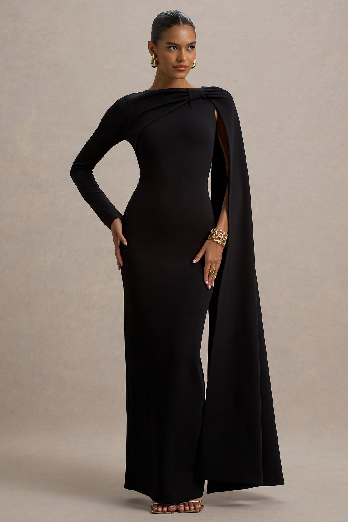 Frances | Black High-Neck Maxi Dress With Cape Detail