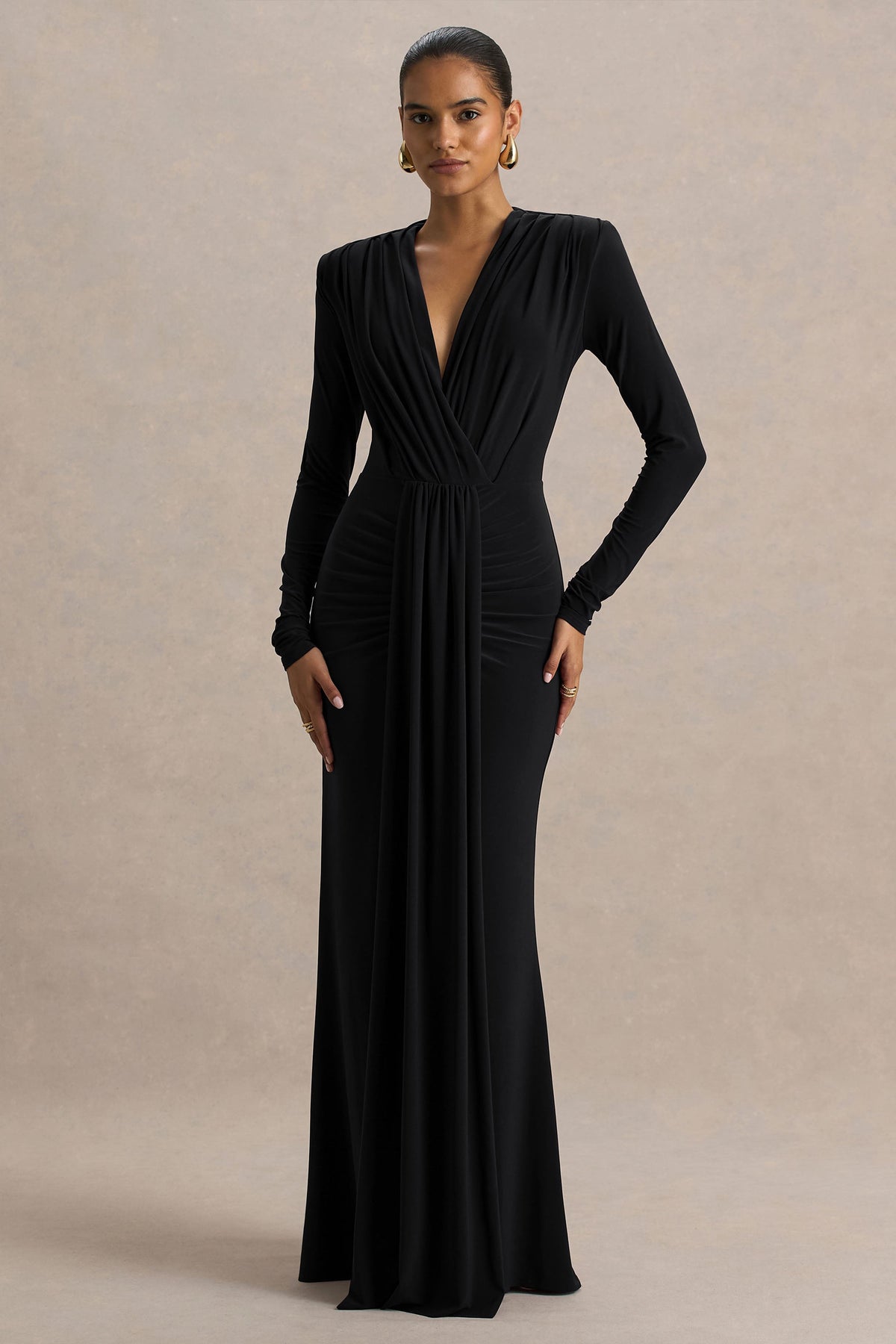 Flashy | Black Plunge-Neck Maxi Dress With Ruched Detailing